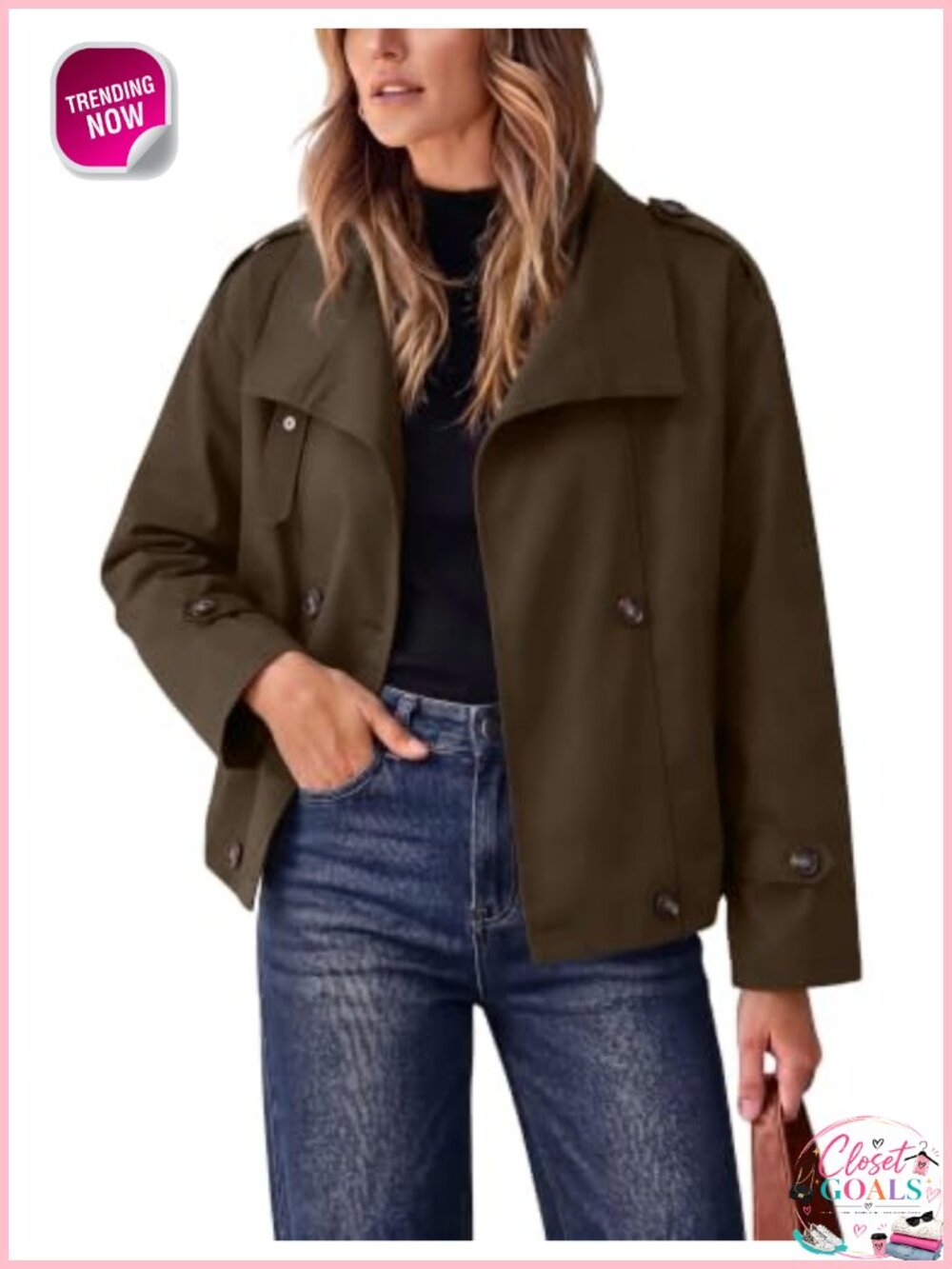 100% Polyester Cropped Trench Coat Funnel Neck Button Casual Jacket